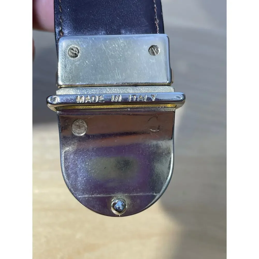 Vintage Ibex Brown Leather Belt Men's 46 Gold Enamel Striped Buckle Preppy Twee